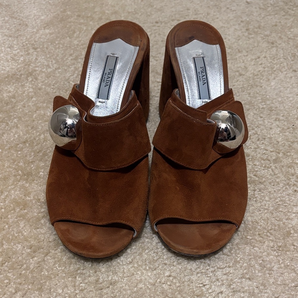 Prada Women's Tan Suede Mules with Silver Detail